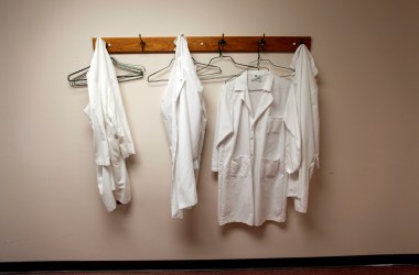 Lab coats hang on hooks at the Wisconsin National Primate Research Center at University Wisconsin-Madison in Madison, Wisconsin.