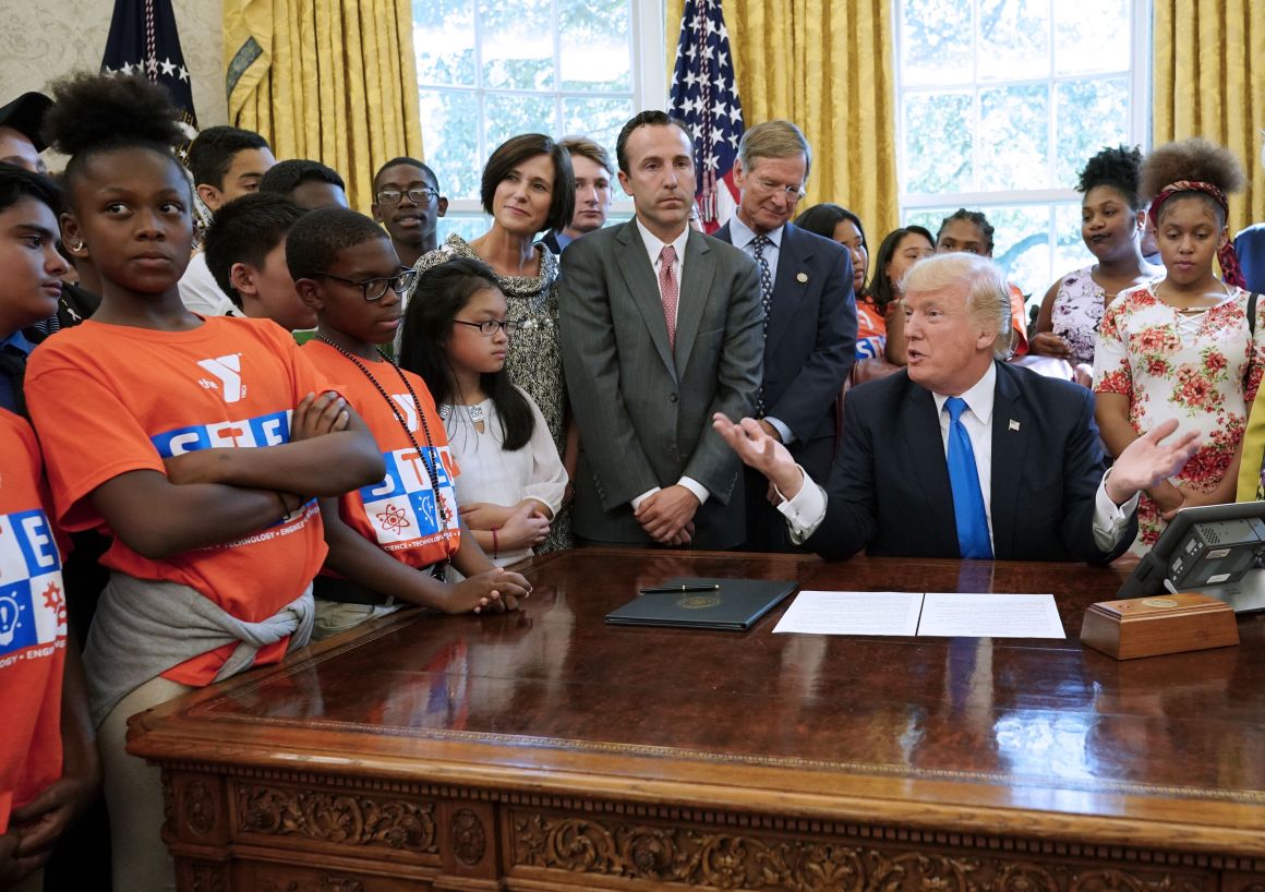 President Donald Trump speaks before signing a memorandum on increasing access to science, technology, engineering, and mathematics education in the Oval Office of the White House on September 25th, 2017, in Washington, D.C.