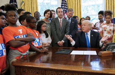 President Donald Trump speaks before signing a memorandum on increasing access to science, technology, engineering, and mathematics education in the Oval Office of the White House on September 25th, 2017, in Washington, D.C.