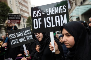 Protesters hold placards during the annual Ashura march in Marble Arch on October 1st, 2017, in London, England. Hundreds of protesters marched through London to mark Ashura and celebrate the defeat of the Islamic State in Iraq and Syria. Ashura is a Muslim festival of remembrance that falls on the 10th day of Muharram in the Islamic calendar.