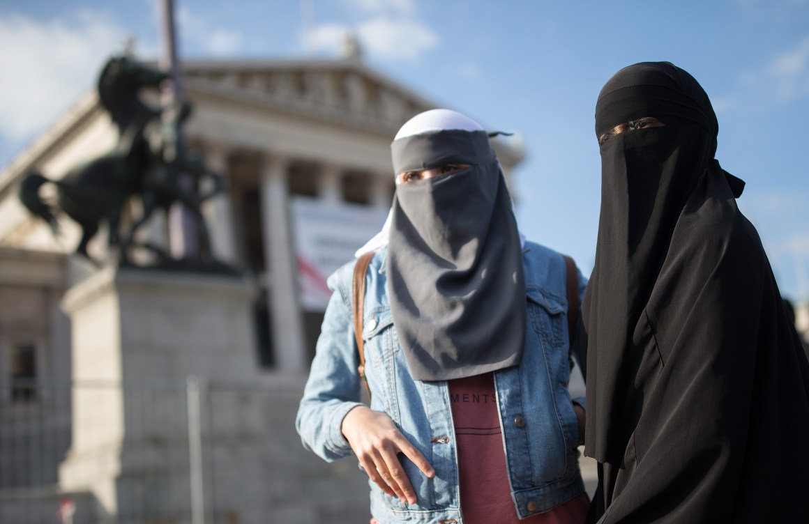 Women wearing a traditional hijab headdress protest against Austria's ban on full-face Islamic veils in Vienna, Austria, on October 1st, 2017.