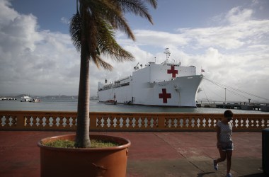 The U.S. Naval Hospital Ship Comfort in the Port of San Juan, arriving on October 3rd, 2017, after Hurricane Maria swept through the island of Puerto Rico.