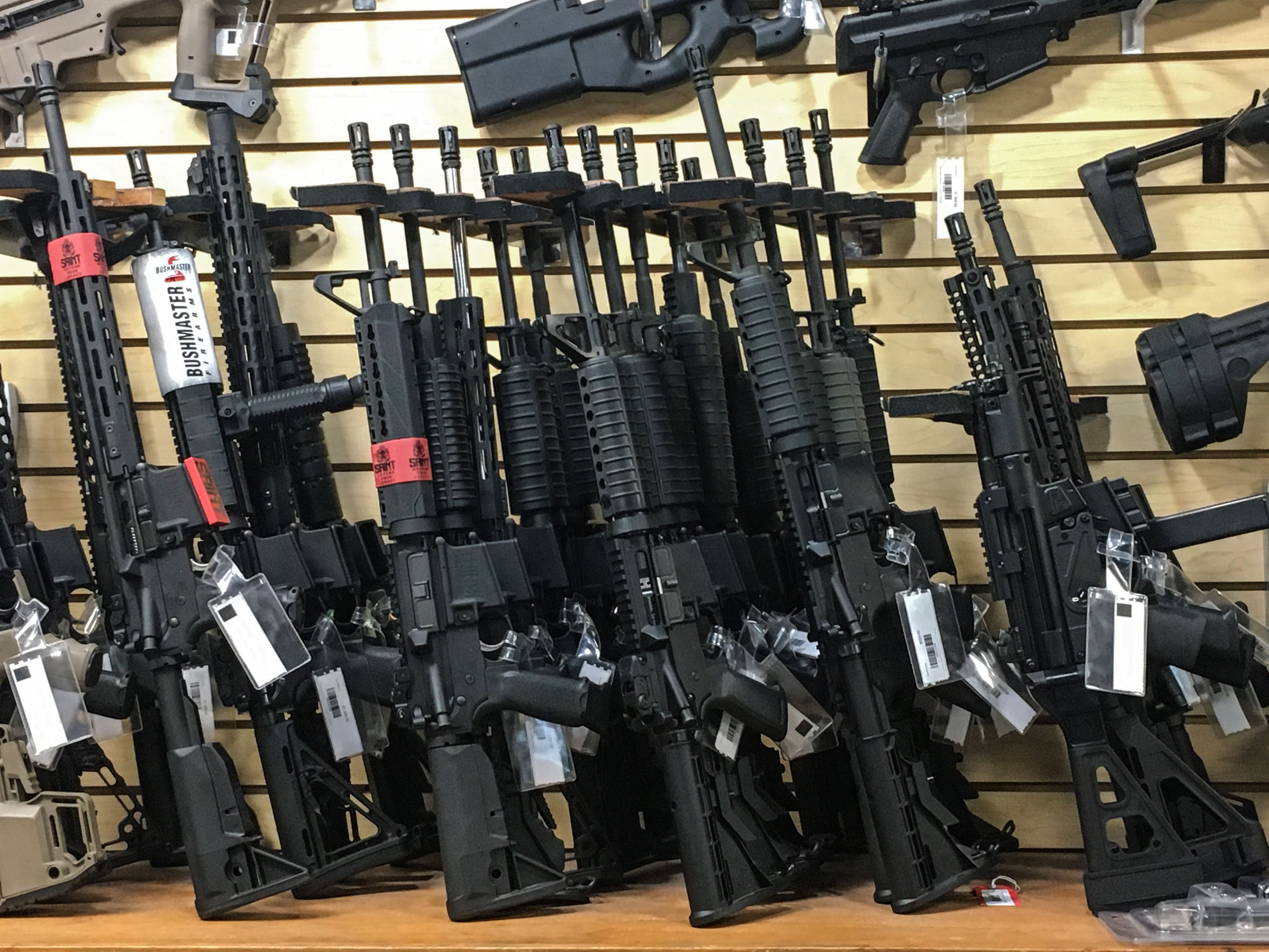 Semi-automatic rifles are seen for sale in a gun shop in Las Vegas, Nevada, on October 4th, 2017.