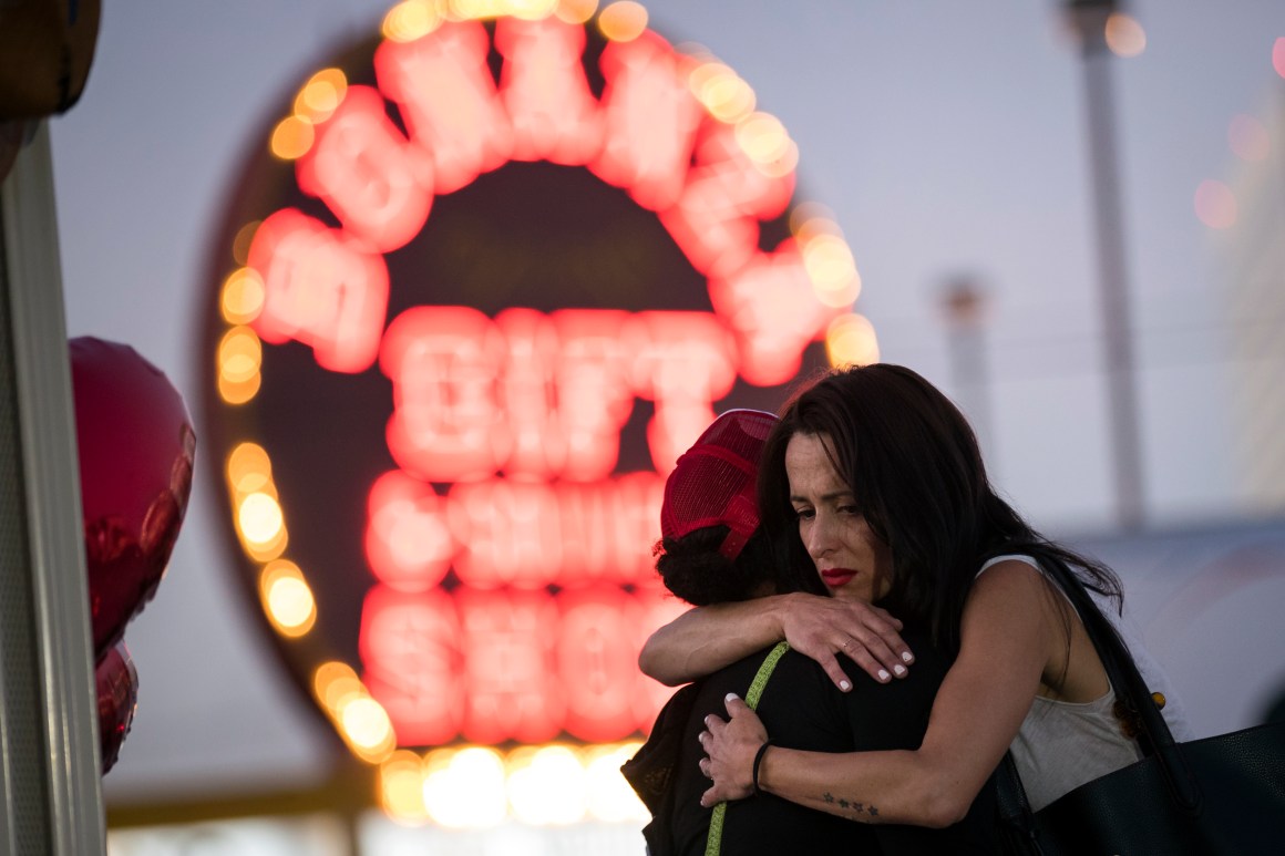 View of a makeshift memorial at the northern end of the Las Vegas Strip on October 4th, 2017, in Las Vegas, Nevada. On October 1st, Stephen Paddock killed at least 58 people and injured more than 450 after he opened fire on a large crowd at the Route 91 Harvest country music festival.