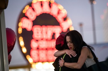 View of a makeshift memorial at the northern end of the Las Vegas Strip on October 4th, 2017, in Las Vegas, Nevada. On October 1st, Stephen Paddock killed at least 58 people and injured more than 450 after he opened fire on a large crowd at the Route 91 Harvest country music festival.