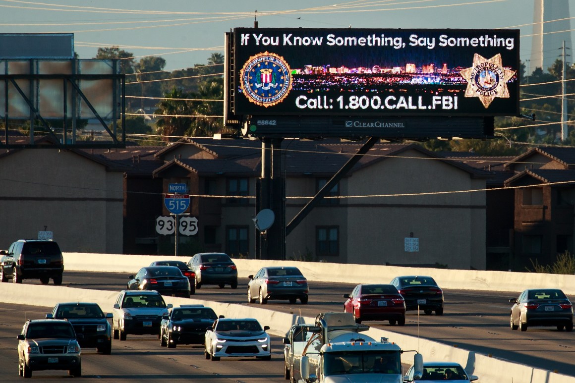 A roadside billboard featuring a FBI tip line phone number on Interstate 515, in Las Vegas, Nevada, in October of 2017.