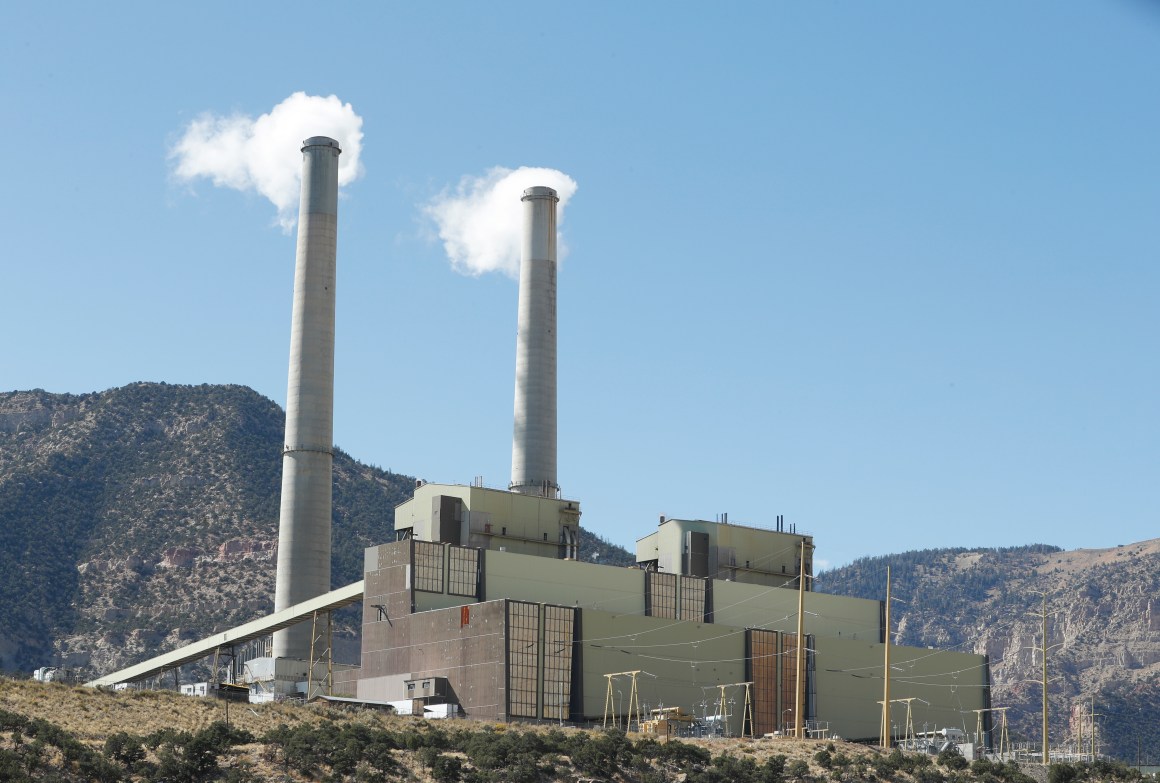 Smoke stacks at Pacificorp's 1,000-megawatt coal-fired power plant, pictured on October 9th, 2017, outside Huntington, Utah.