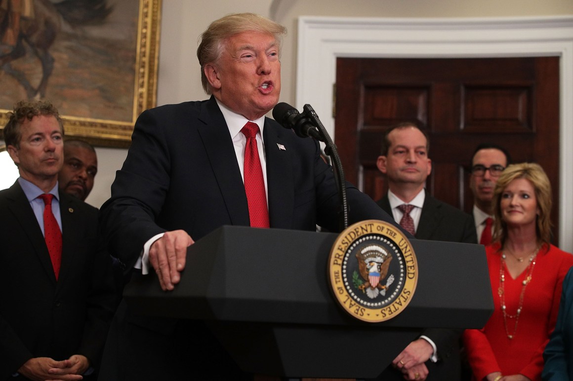 President Donald Trump speaks in the Roosevelt Room of the White House on October 12th, 2017, in Washington, D.C.