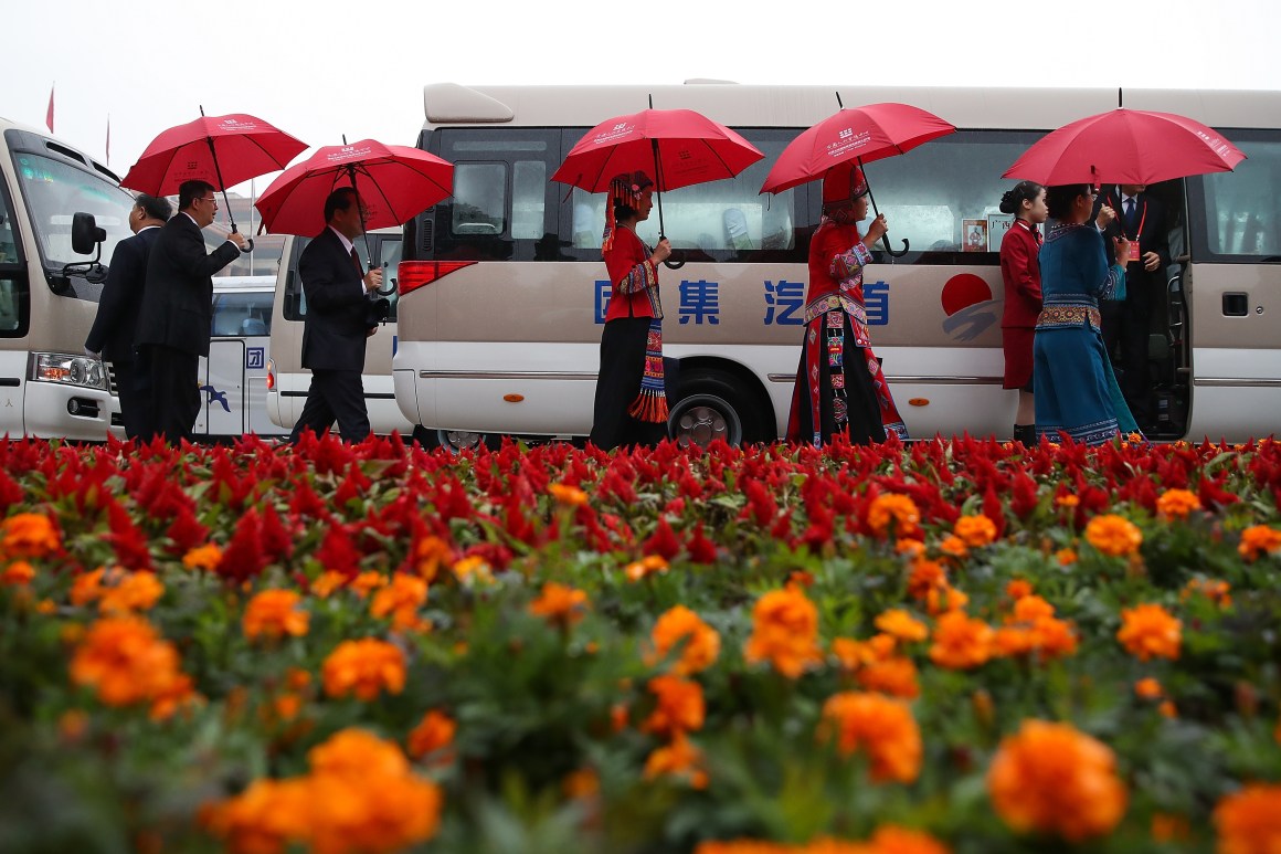 Delegates leave after the opening session of the 19th Communist Party Congress at the Great Hall of the People on October 18th, 2017, in Beijing, China.