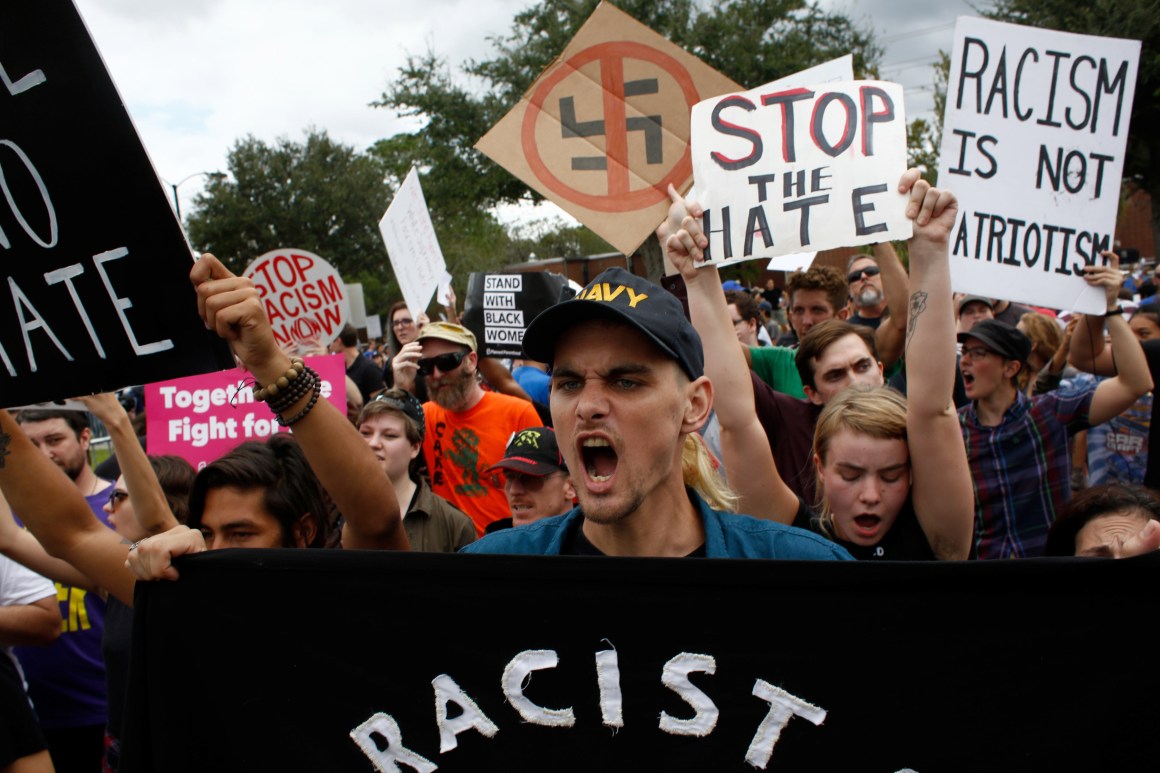 Demonstrators gather at the site of a planned speech by white nationalist Richard Spencer at the University of Florida on October 19th, 2017, in Gainesville, Florida.