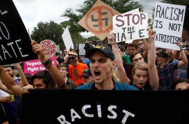 Demonstrators gather at the site of a planned speech by white nationalist Richard Spencer at the University of Florida on October 19th, 2017, in Gainesville, Florida.