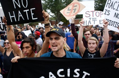 Demonstrators gather at the site of a planned speech by white nationalist Richard Spencer at the University of Florida campus on October 19th, 2017, in Gainesville, Florida.