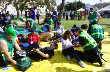 First responders tend to exercise victims, playing the role of earthquake casualties, during the 2017 Great California Shakeout earthquake drill at the Natural History Museum in Los Angeles, California, on October 19th, 2017.