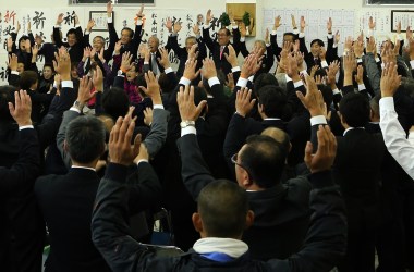 The ruling Liberal Democratic Party's newly elected lower house parliament member Takeaki Matsumoto celebrates his victory with supporters on October 22nd, 2017, in Himeji, Japan. Prime Minister Shinzo Abe's party is expected to win with a two-thirds majority, according to media reports.