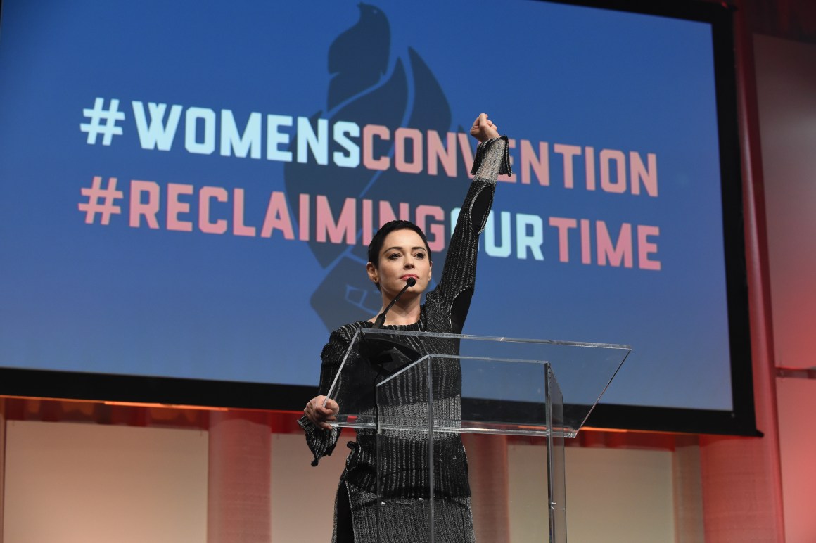 Actress Rose McGowan speaks at the Women's Convention in Detroit, Michigan, on October 27th, 2017.