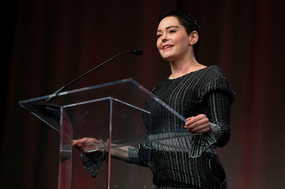 Actress Rose McGowan speaks to an audience at the Women's March/Women's Convention in Detroit, Michigan, on October 27th, 2017.