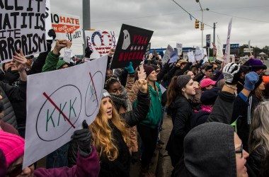 Counter-protesters demonstrate during a White Lives Matter rally on October 28th, 2017, in Shelbyville, Tennessee.