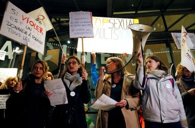 Protesters hold placards reading "If raping is an art, give Polanski all the Cesars" and "Polanski, 5 accusations of rape on minors, on the run since 1978, that deserves a retrospective" during a demonstration on October 30th, 2017, outside the Cinémathèque Francaise film archive in Paris, France, where filmmaker Roman Polanski is expected to attend a retrospective celebrating his work.