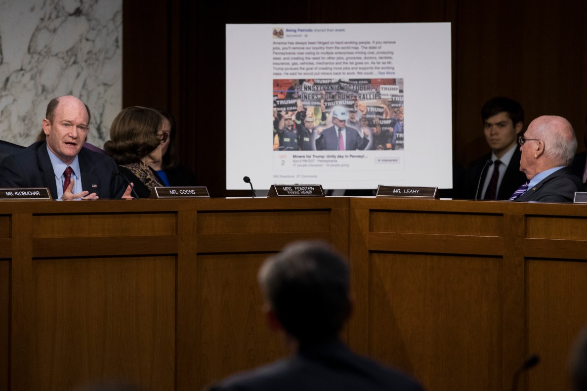 A Facebook event page featuring a Miners for Trump rally created by Russian operatives is displayed during a Senate Judiciary Subcommittee on Crime and Terrorism hearing on October 31st, 2017, in Washington, D.C.