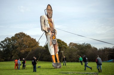 Members of the Edenbridge Bonfire Society unveil an effigy of film producer Harvey Weinstein on November 1st, 2017, in Edenbridge, England. The Edenbridge Bonfire Society has created a large-scale effigy of a public figure for their annual bonfire for the last 17 years, with previous names including Lance Armstrong, Saddam Hussein, and President Donald Trump.