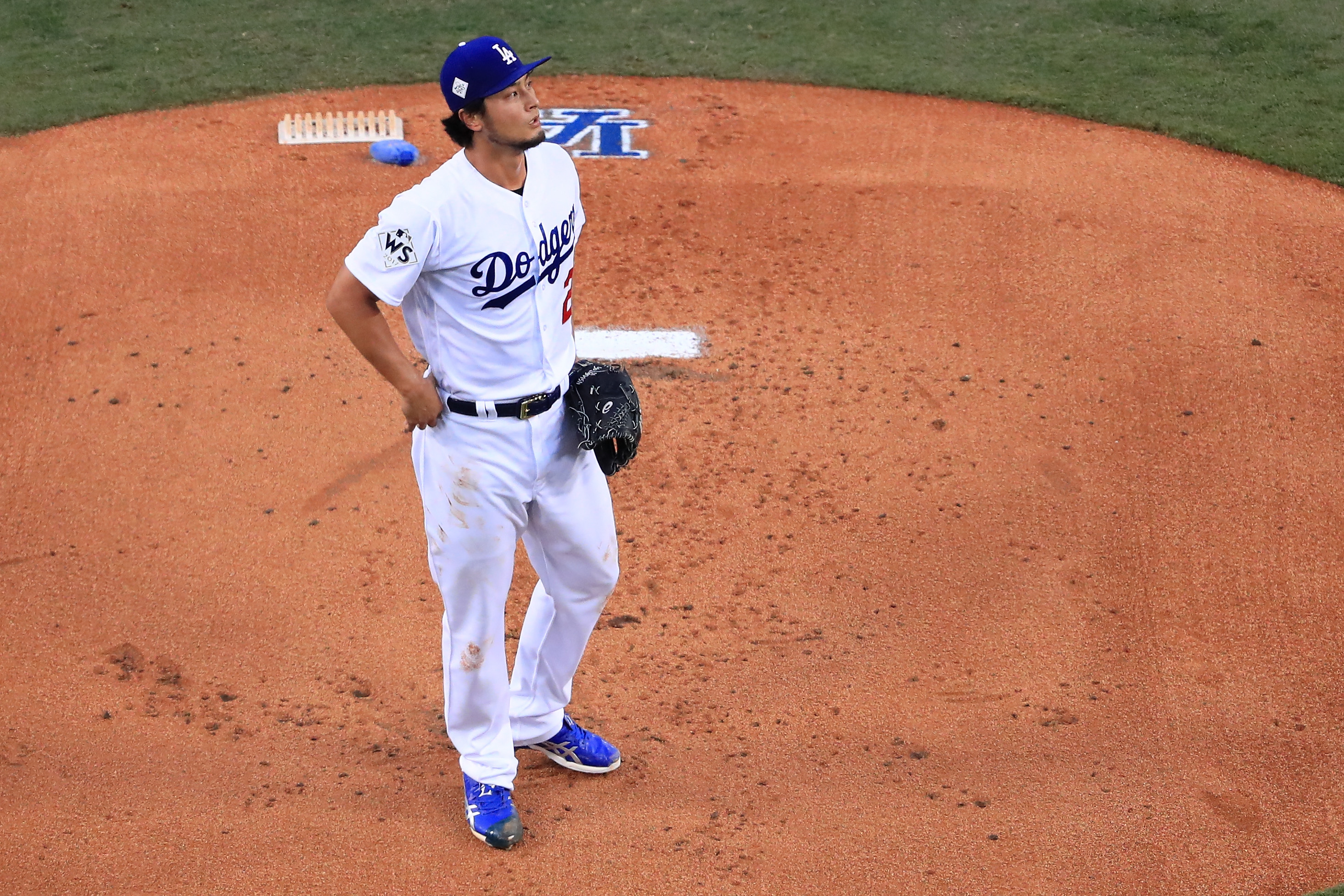 Yu Darvish at the mound in game seven of the World Series at Dodger Stadium on November 1st, 2017, in Los Angeles, California.