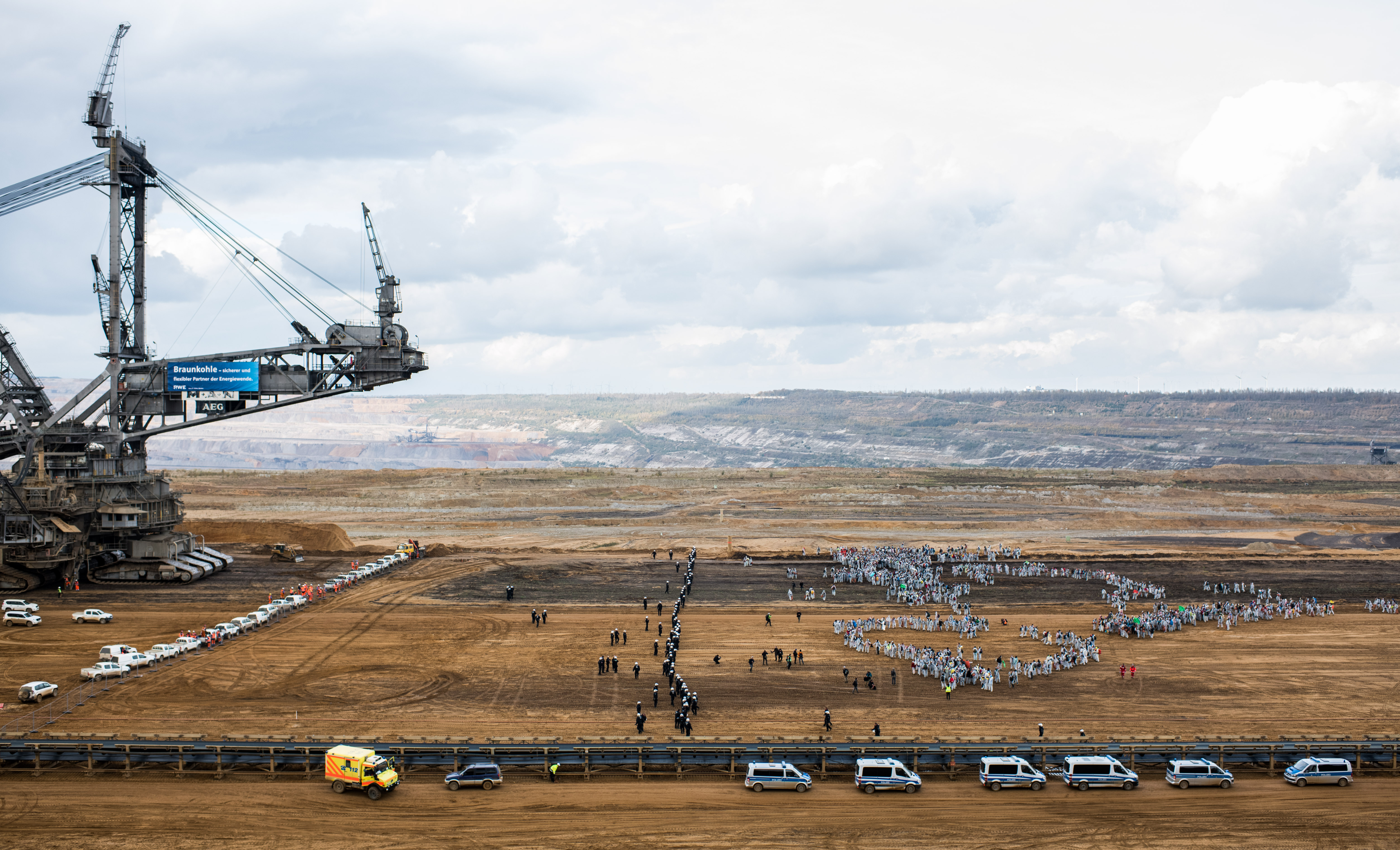 Police block environmental protesters at the Hambach brown coal mine on November 5th, 2017, near Kerpen, Germany.