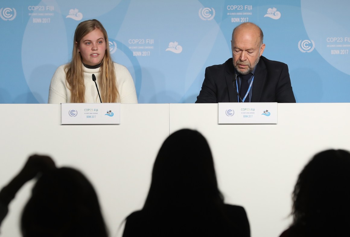 Climate expert and activist James Hansen and his grand-daughter Sophie Kivlehan, who is among 21 young plaintiffs in the federal lawsuit Juliana v. U.S. Government, speak at a press conference at the COP 23 United Nations Climate Change Conference on November 6th, 2017, in Bonn, Germany.