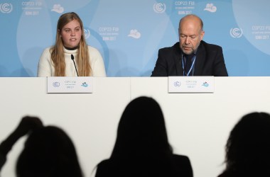 Climate expert and activist James Hansen and his grand-daughter Sophie Kivlehan, who is among 21 young plaintiffs in the federal lawsuit Juliana v. U.S. Government, speak at a press conference at the COP 23 United Nations Climate Change Conference on November 6th, 2017, in Bonn, Germany.