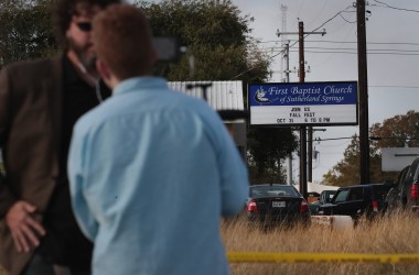 Emergency vehicles are parked outside the first Baptist Church on November 6th, 2017, in Sutherland Springs, Texas.