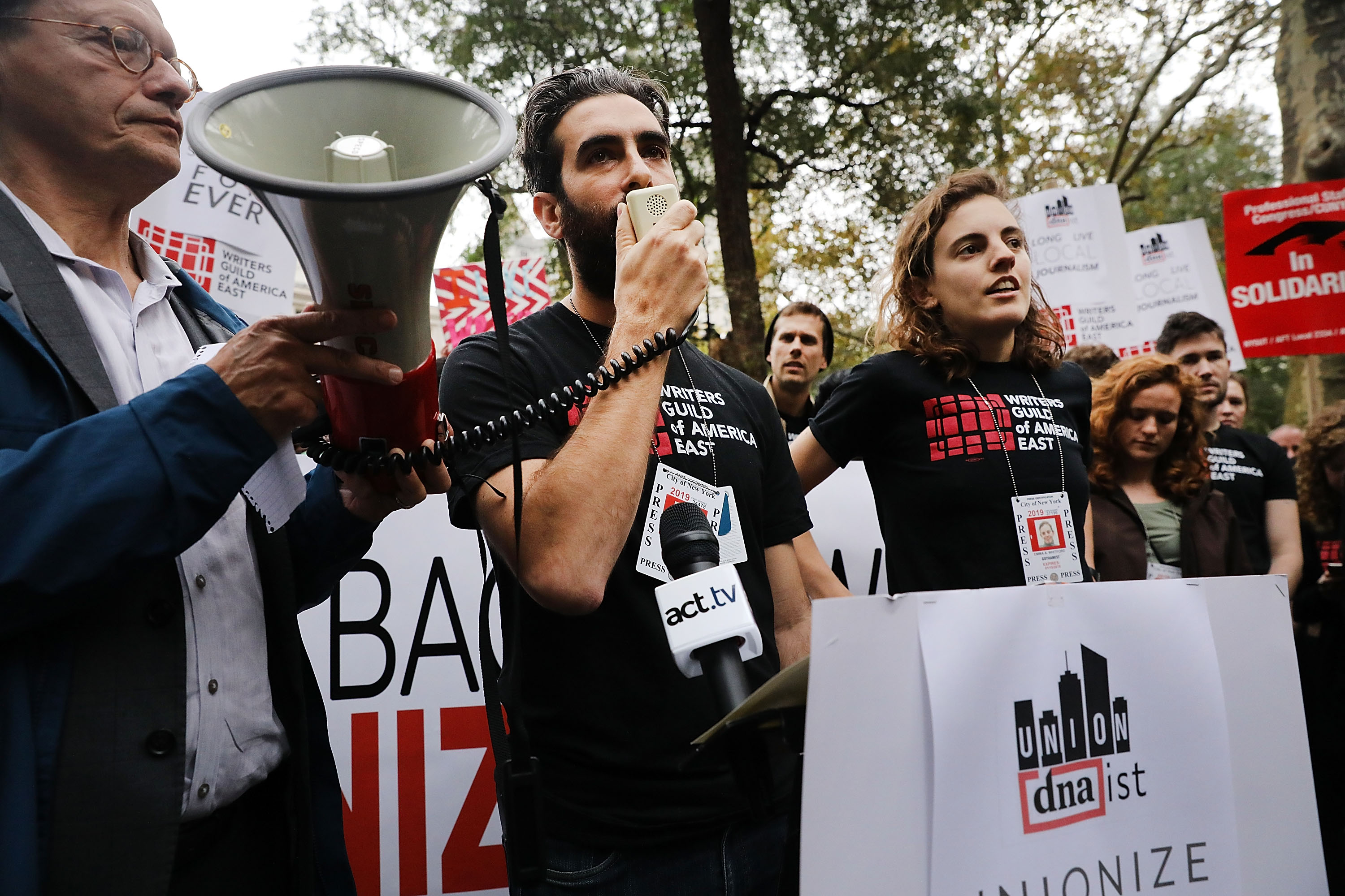 Labor activists join DNAinfo and Gothamist employees in rallying in support of the journalists who lost their jobs after they voted to form a union at the local news websites on November 6th, 2017, in New York City.