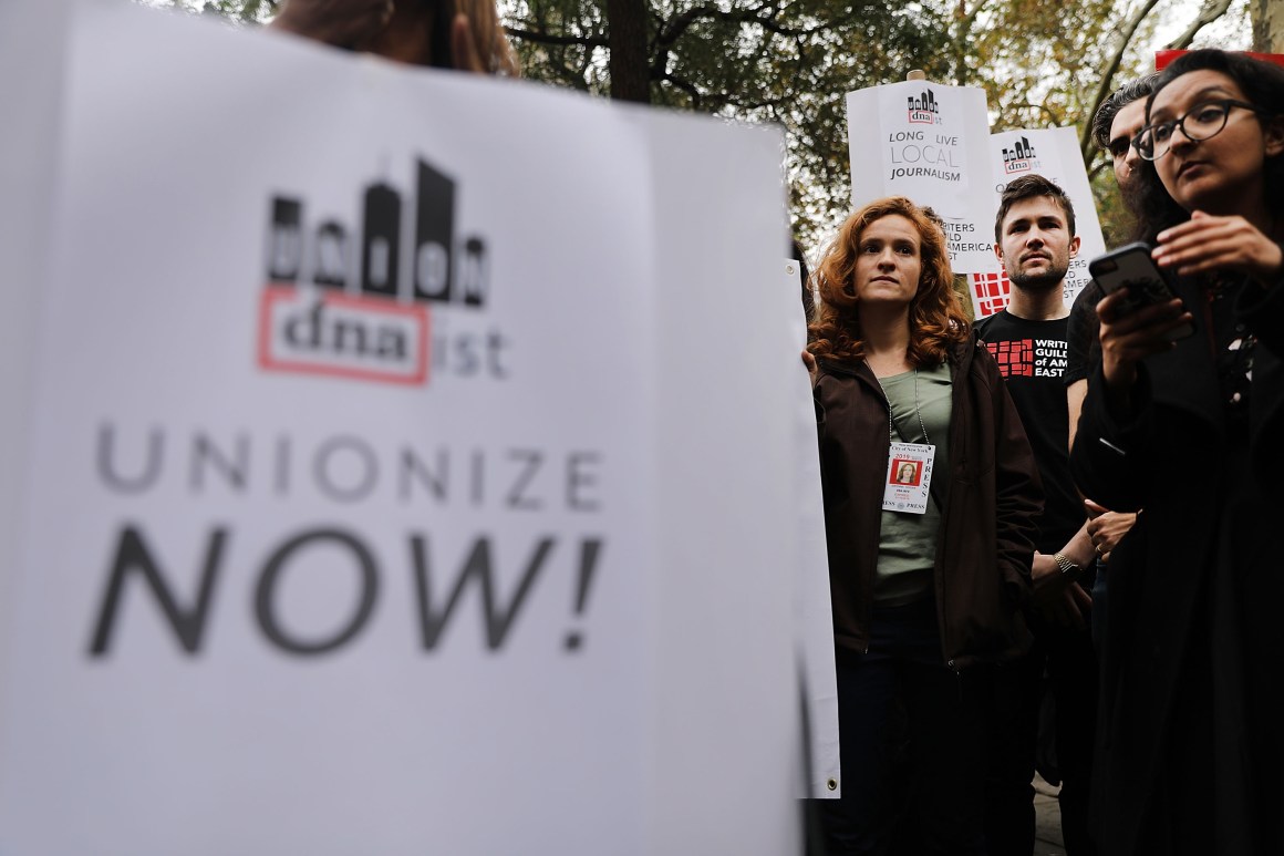 Writers, journalists, and labor activists attend a November 6th rally in New York City to support the DNAinfo and Gothamist employees who lost their jobs after they voted to form a union.