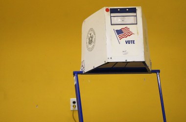 A voting station stands at the Park Slope Library.