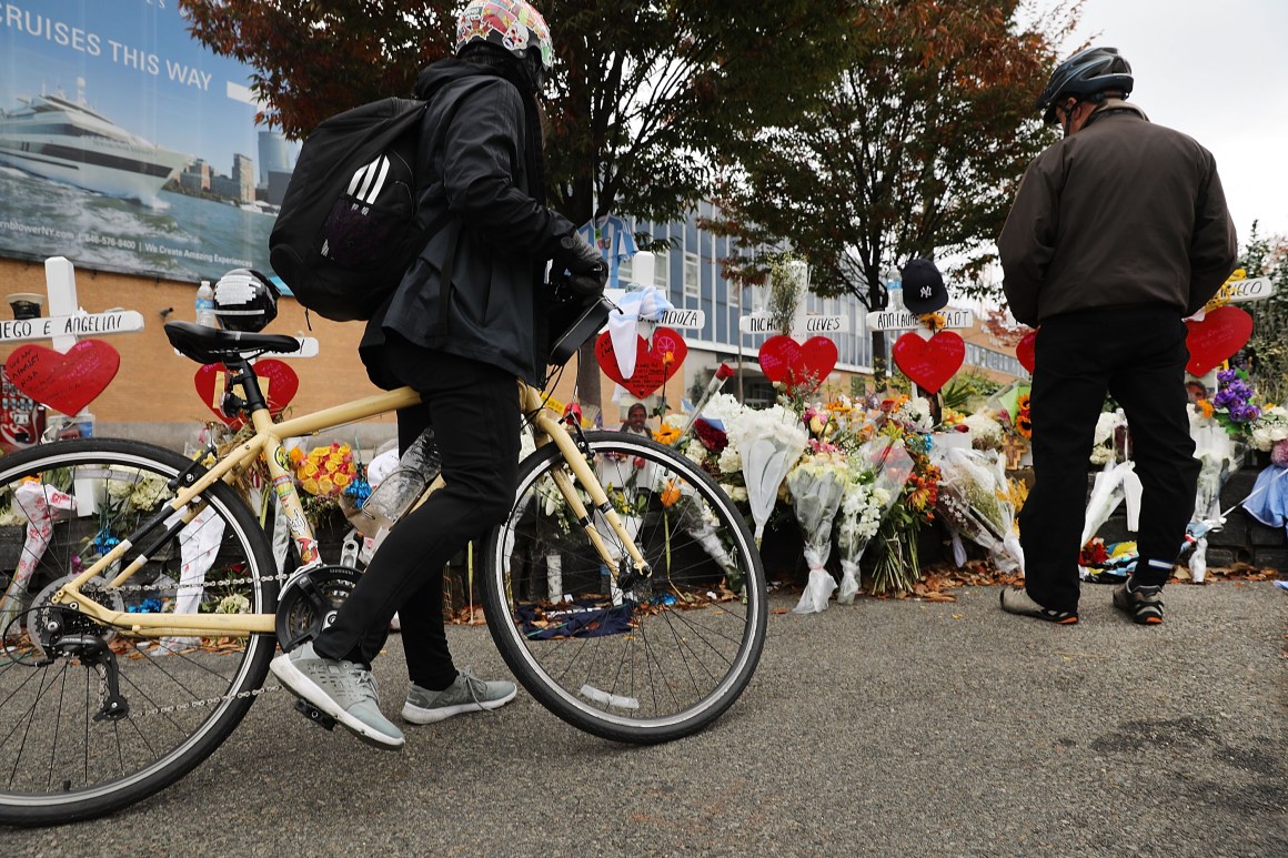 Eight crosses mark the location where terrorist Sayfullo Saipov entered a Manhattan bike path and went on a rampage with a truck last Tuesday afternoon on November 7th, 2017, in New York City.