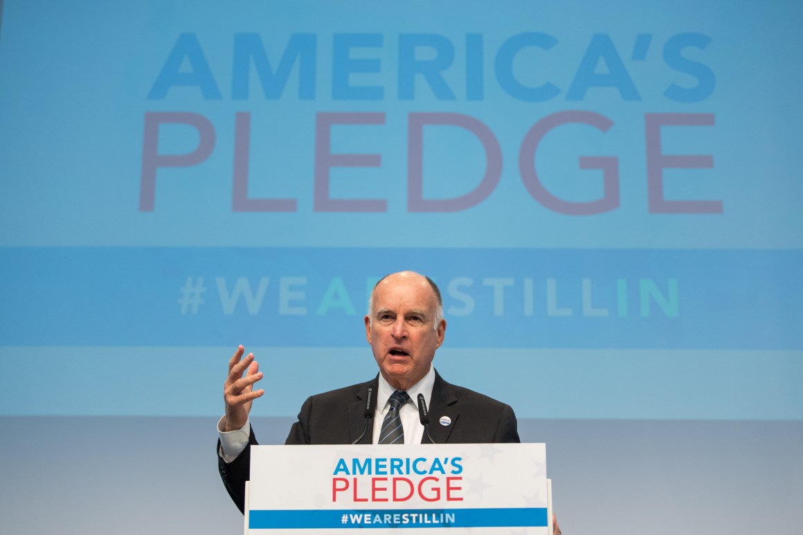 California Governor Jerry Brown talks during a discussion at the America's Pledge launch event.