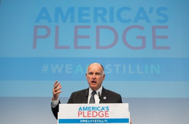 California Governor Jerry Brown talks during a discussion at the America's Pledge launch event.