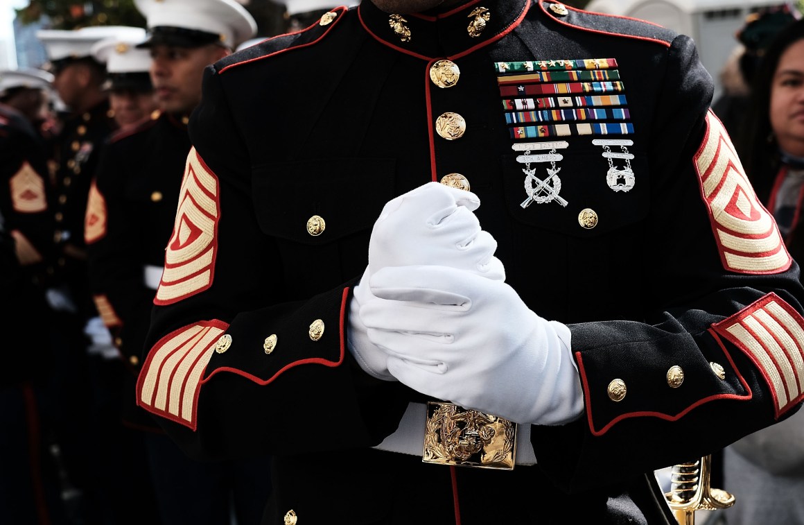 U.S. Marines prepare to march in the Veterans Day Parade on November 11th, 2017, in New York City.