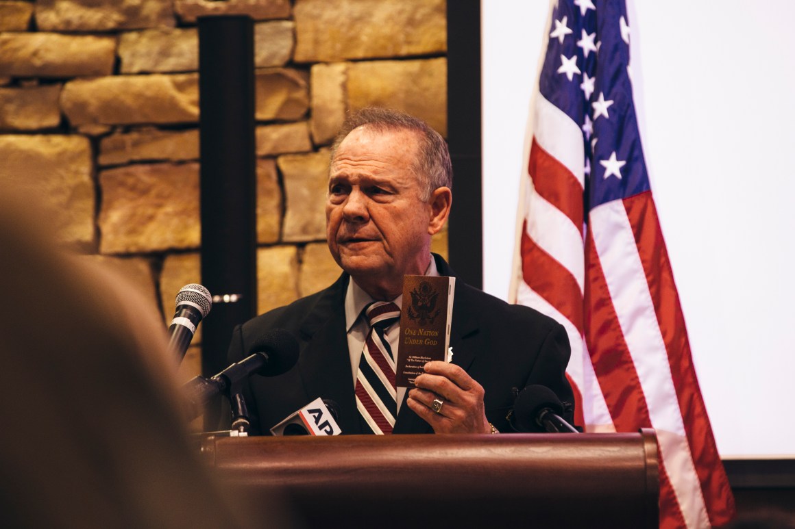 Roy Moore speaks on November 11th, 2017, in Vestavia Hills, Alabama.