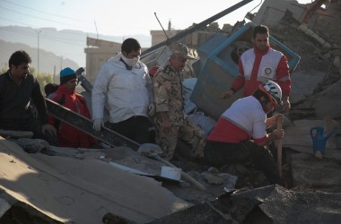 Rescue workers search for survivors amid the rubble following the earthquake in Sarpol-e Zahab on November 13th, 2017.