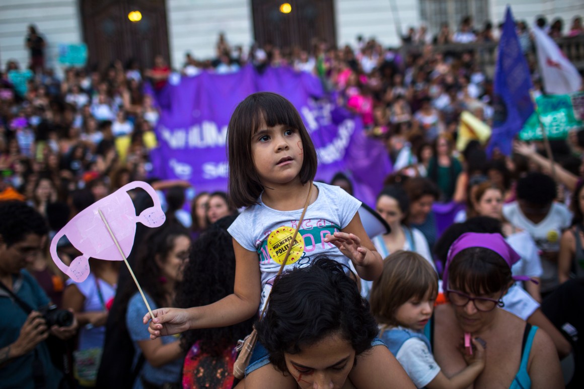 Thousands of Brazilians protest against a controversial bill that aims to cut the right to abortion in Rio de Janeiro, Brazil, on November 13th, 2017. The proposal would ban abortion even in the case of rape or a pregnancy that threatens a woman's life.