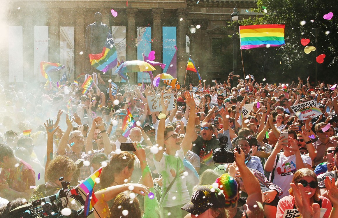 The crowd celebrates as the result of a national postal survey on same-sex marriage is announced at the State Library of Victoria on November 15th, 2017, in Melbourne, Australia. Now that Australians have voted to legalize same-sex marriage, the process to change current laws will move to the Australian Parliament.