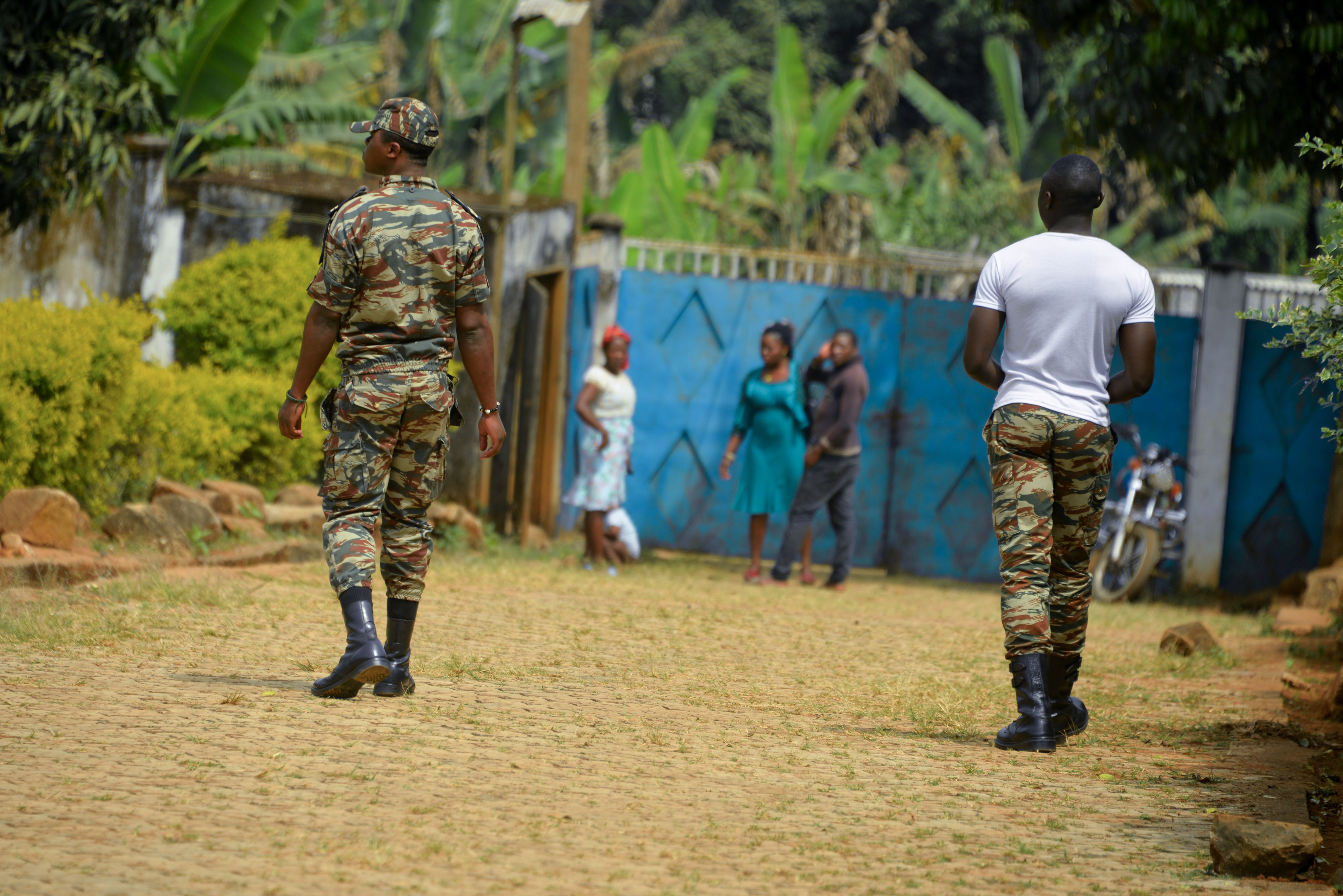 Soldiers patrol in Bafut, after the roof of a school's dormitory was set on fire, on November 15th, 2017.