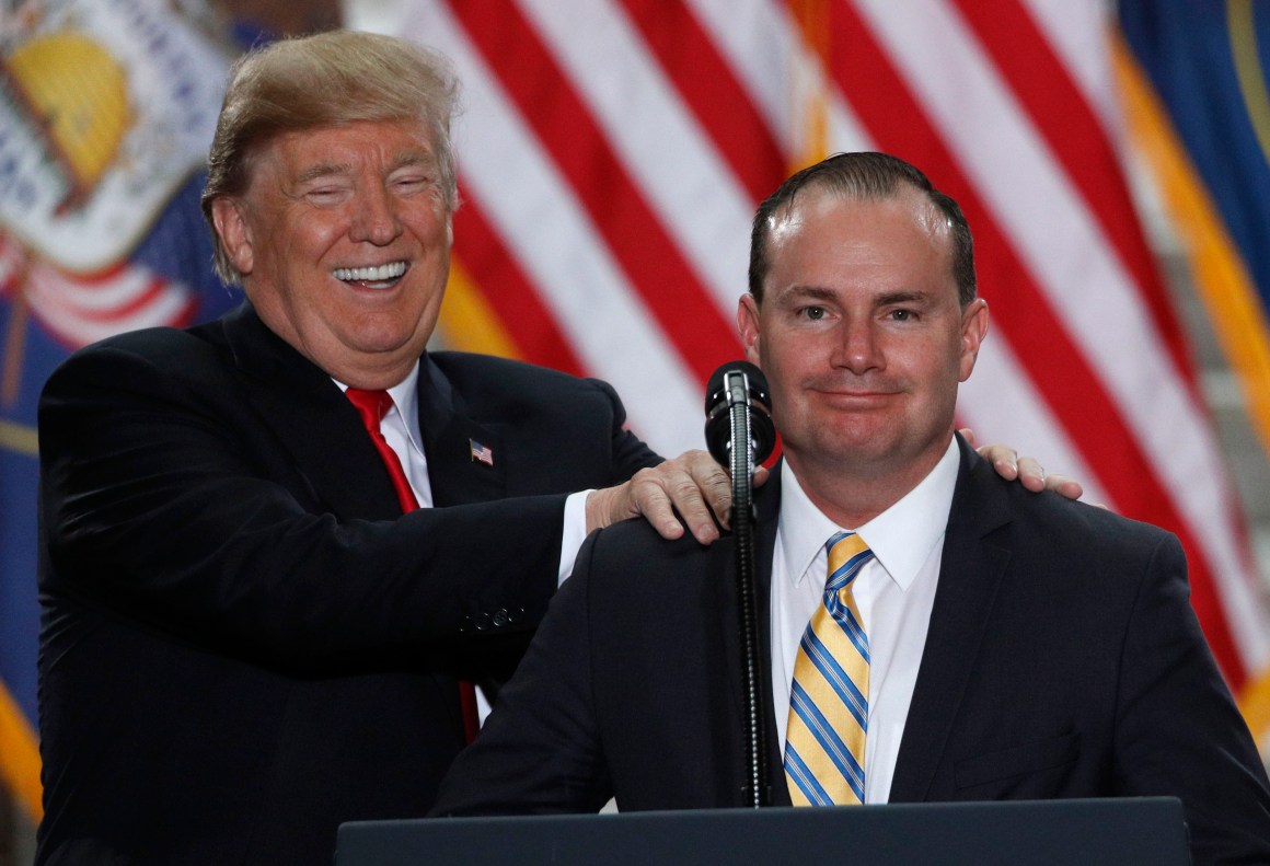 U.S. President Donald Trump jokes with Senator Mike Lee on December 4th, 2017, in Salt Lake City, Utah.