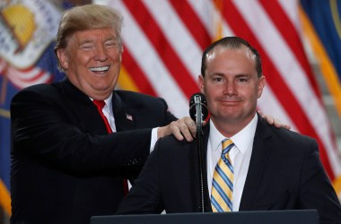 U.S. President Donald Trump jokes with Senator Mike Lee on December 4th, 2017, in Salt Lake City, Utah.