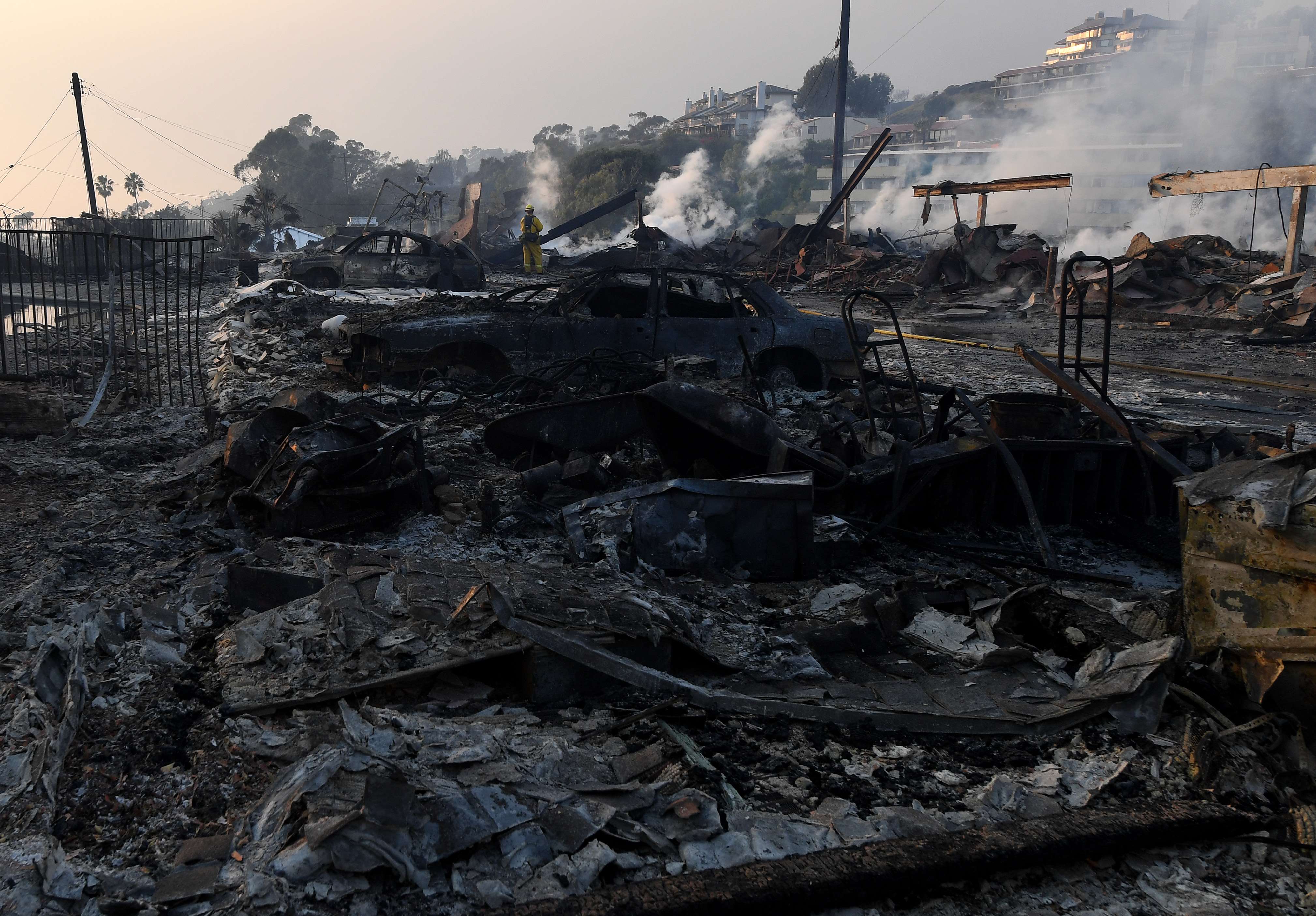 The aftermath at the two-story Hawaiian Village Apartment complex after it burnt to the ground during the Thomas wildfire in Ventura, California.