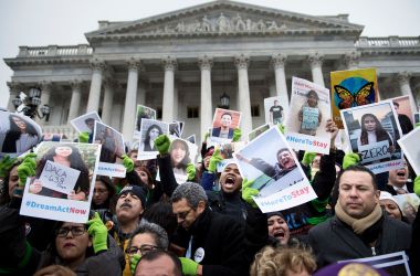 People protesting the cancelation of the Deferred Action for Childhood Arrivals rally on the steps to the Capitol Building on December 6th, 2017.