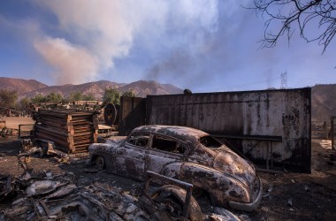 A burned classic car is seen in Little Tujunga Canyon during the Creek Fire on December 6th, 2017, near Sylmar, California.