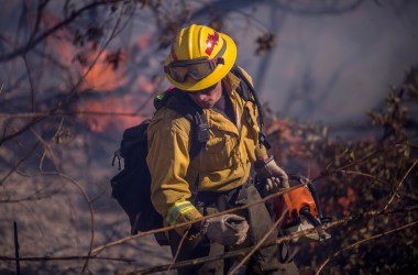 A firefighter cuts brush at the Thomas Fire on December 7th, 2017, near Fillmore, California. Strong Santa Ana winds are pushing multiple wildfires across the region, expanding across tens of thousands of acres and destroying hundreds of homes and structures.