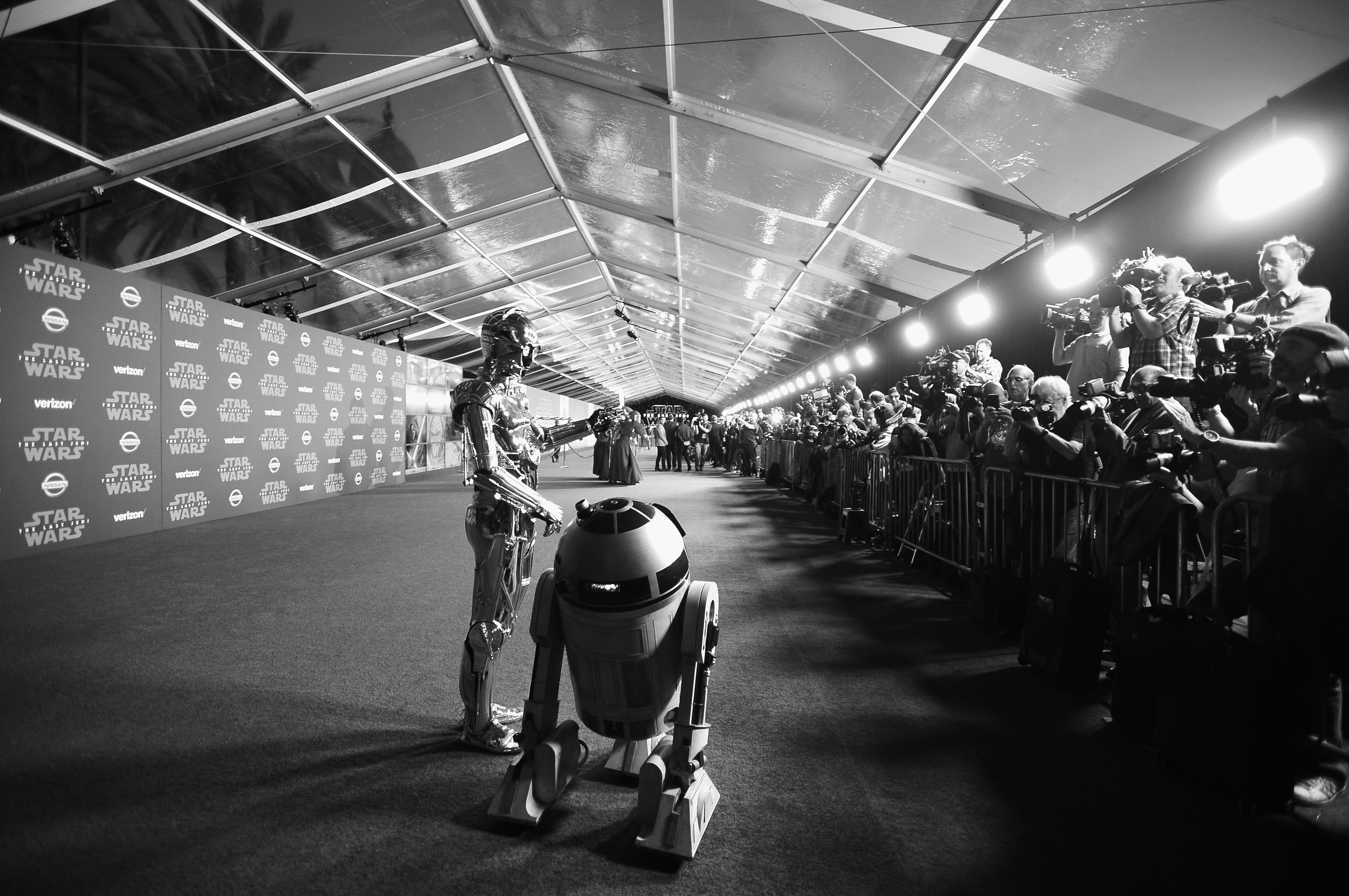 C-3PO and R2-D2 at the world premiere of Lucasfilm's Star Wars: The Last Jedi at The Shrine Auditorium on December 9th, 2017, in Los Angeles, California.