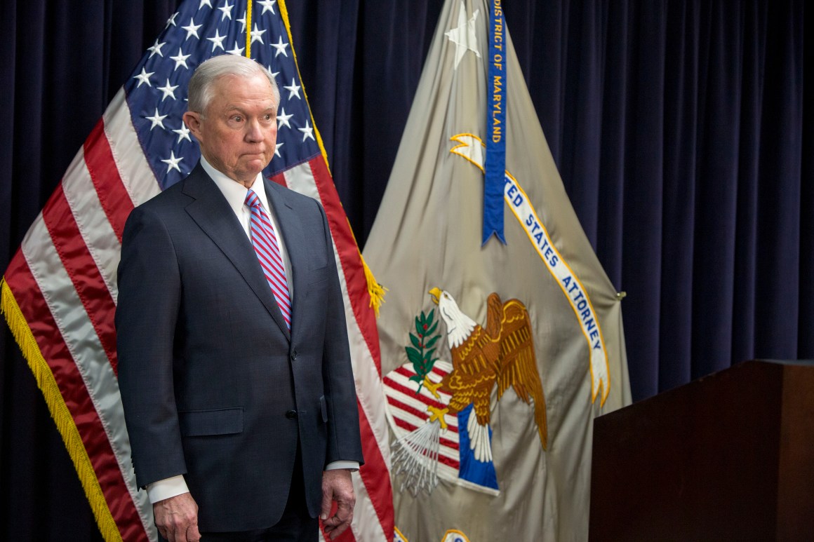 Attorney General Jeff Sessions attends a news conference on immigration on December 12th, 2017, in Baltimore, Maryland.