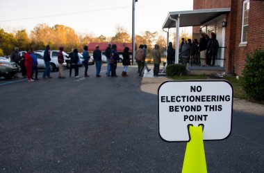 Voters stand in a long line that leads out the door to vote at Beulah Baptist Church polling station in Montgomery, Alabama, on December 12th, 2017.